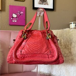 💯 Auth Hot Pink/Coral CHLOE PARATAY PYTHON Satchel & Shoulder Bag.